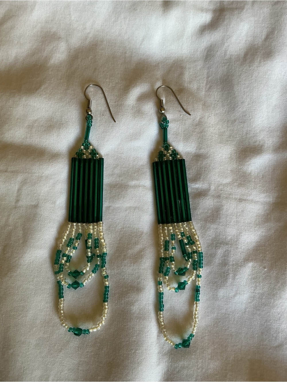Green Beaded Dangle Earrings Handmade